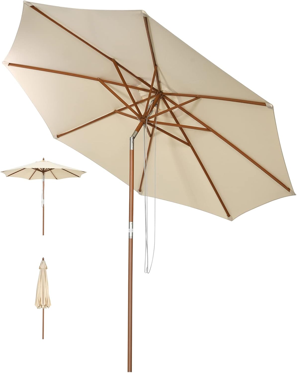 Parasol Inclinable à Corde en Bois avec 8 Baleines en Bambou – Parasol de Jardin Exterieur 3M, GOPLUS, Base Non Incluse, Cour