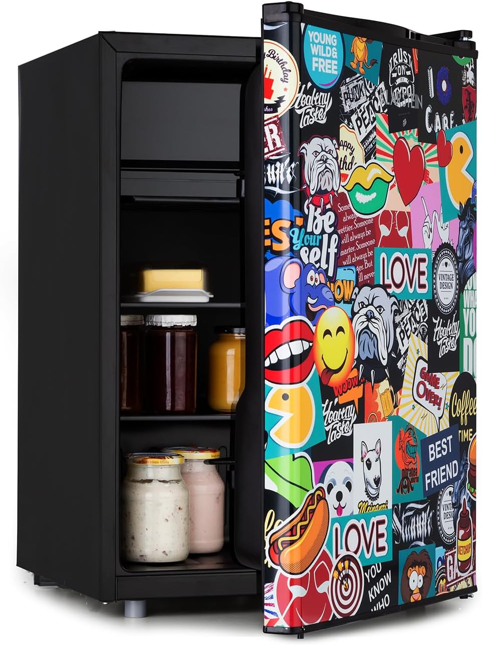 Mini réfrigérateurs – KLARSTEIN, Cool Vibe - réfrigérateur, niveau sonore: 42dB, 70L - noir, porte avec sticker imprimé BD, bac à glaçons