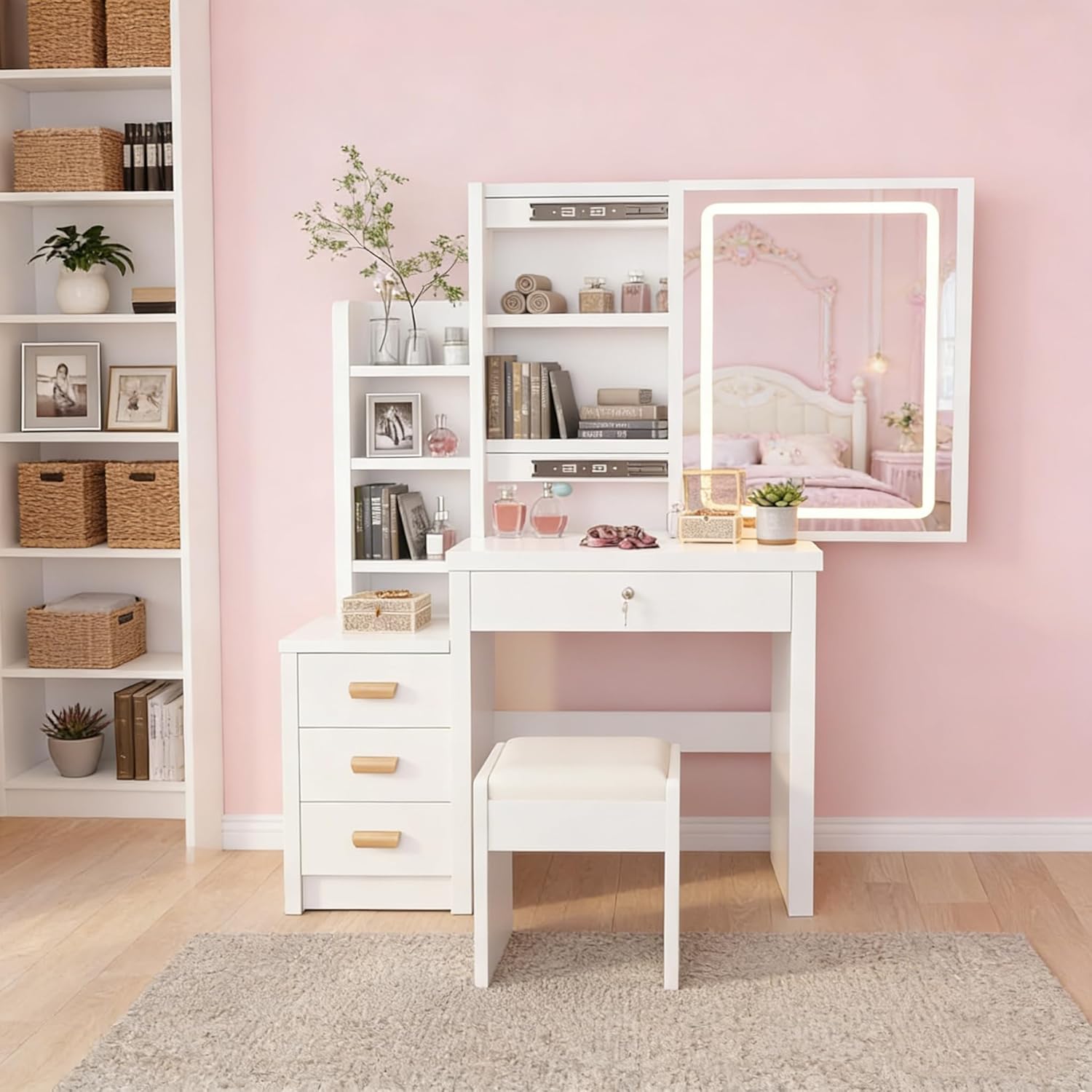 Oyajia Coiffeuse Maquillage avec Miroir LED – Luminosité Réglable 3 Couleurs